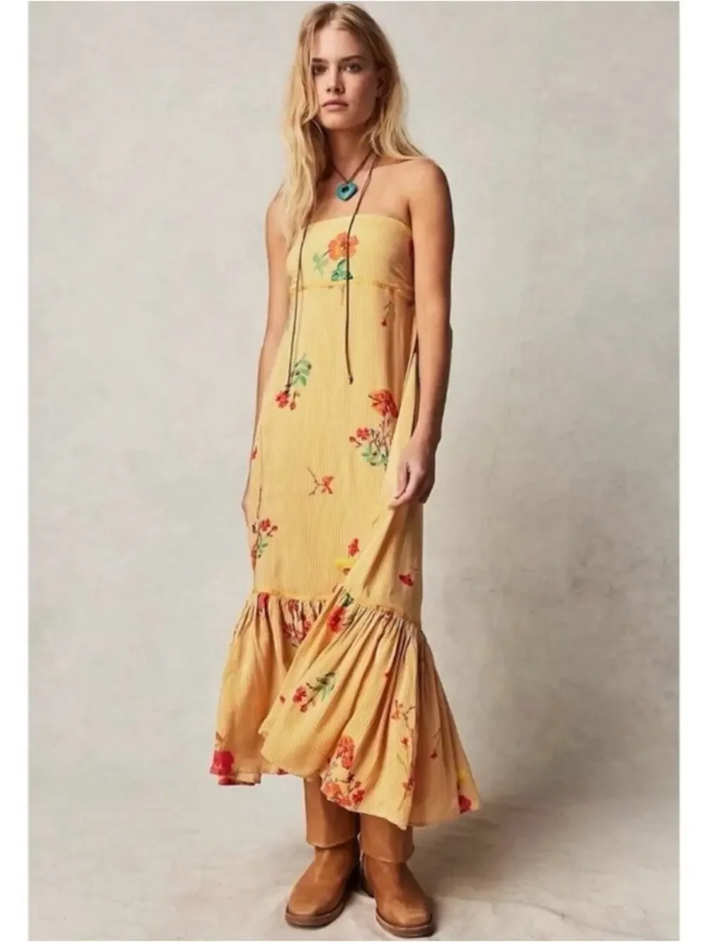 Free People Bohemian Rosie Posie Strapless Midi Dress Yellow Floral Size XL